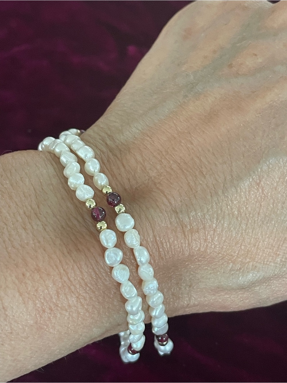 Vintage Double strand White Freshwater baroque Pearl & Garnet Bead Bracelet